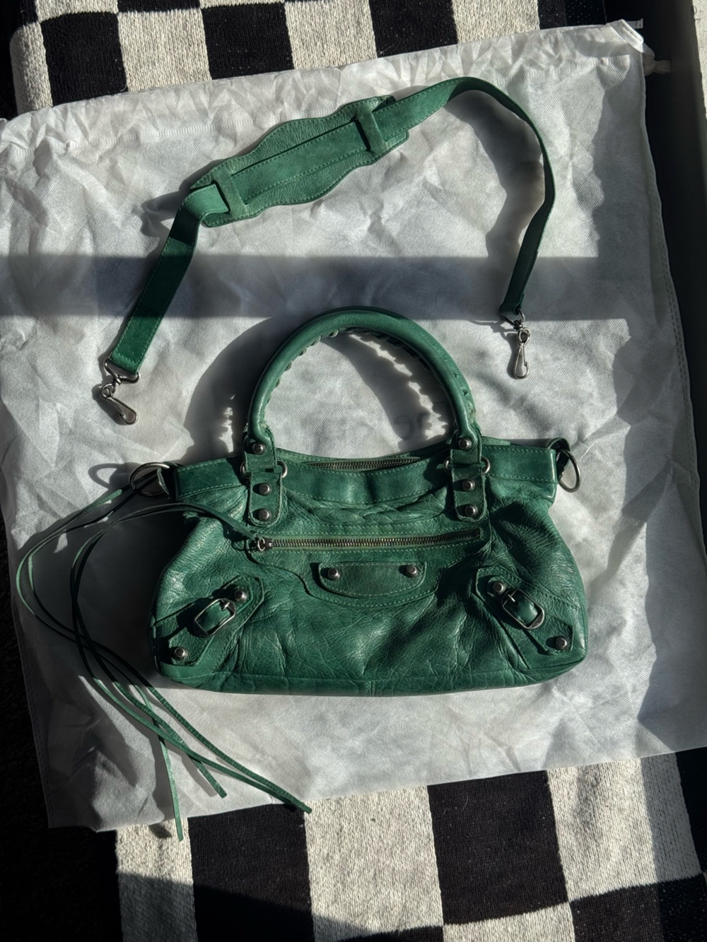 ULTRA RARE S/S 2004 Emerald Green Balenciaga First 2way Pewter RH Long Strap